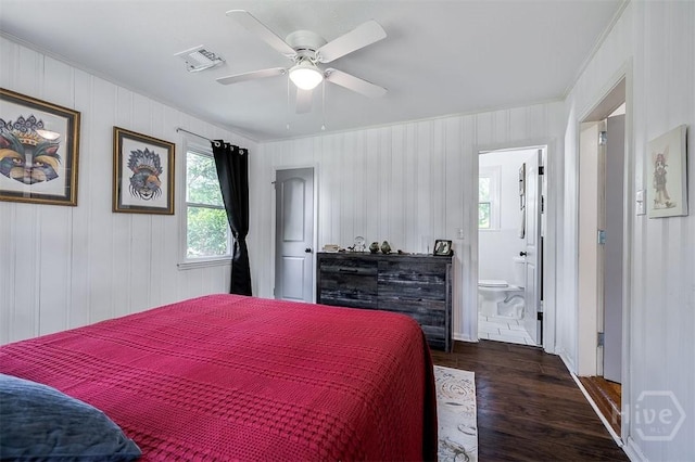 2338 Lorraine Dr, Savannah, GA 31404 - bedroom featuring ornamental molding, dark wood-style floors, a ceiling fan, and ensuite bath
