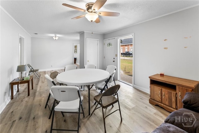 129 Vandiver Rd, Walthourville, GA 31301 - dining room with a ceiling fan, light wood-type flooring, a textured ceiling, and ornamental molding