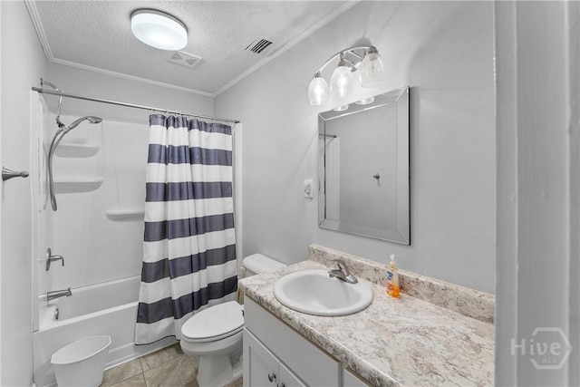 129 Vandiver Rd, Walthourville, GA 31301 - bathroom with a textured ceiling, vanity, crown molding, and shower / tub combo with curtain