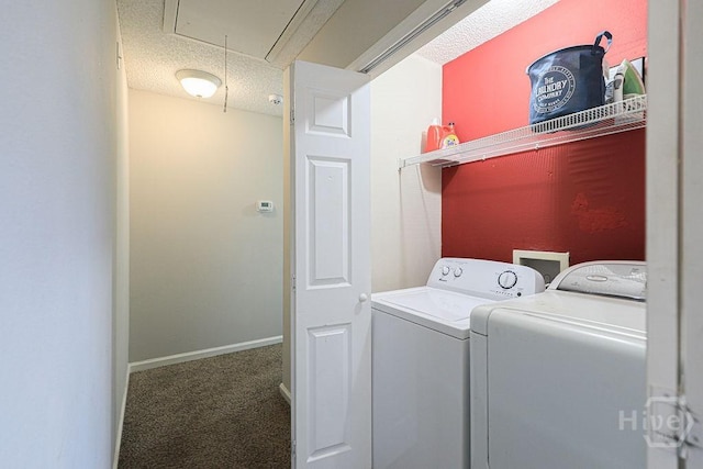 1125 Canyon Oak Loop, Richmond Hill, GA 31324 - laundry area featuring independent washer and dryer, attic access, carpet flooring, and a textured ceiling
