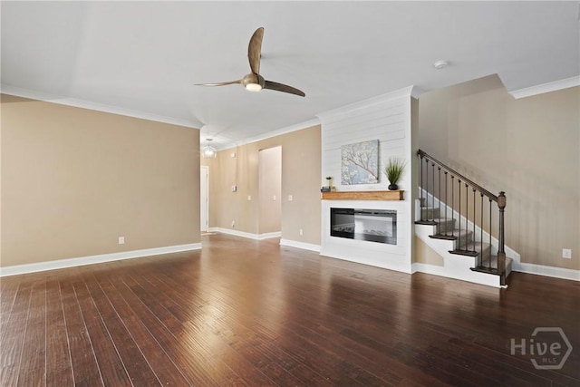 95 Simcoe Lake Dr, Richmond Hill, GA 31324 - unfurnished living room with a glass covered fireplace, ornamental molding, ceiling fan, hardwood / wood-style floors, and stairs