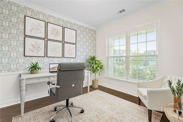 95 Simcoe Lake Dr, Richmond Hill, GA 31324 - office with ornamental molding, dark wood-style flooring, and wallpapered walls