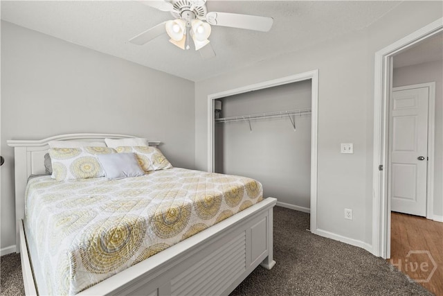 226 Cyane Ln, Guyton, GA 31312 - bedroom featuring a closet, dark carpet, and a ceiling fan