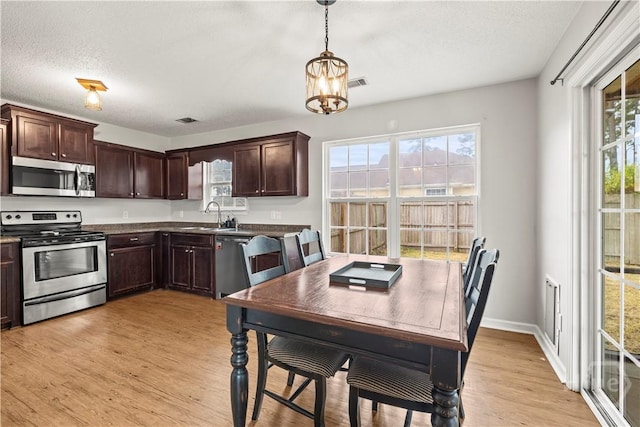 226 Cyane Ln, Guyton, GA 31312 - kitchen featuring appliances with stainless steel finishes, dark brown cabinetry, light wood finished floors, plenty of natural light, and a textured ceiling