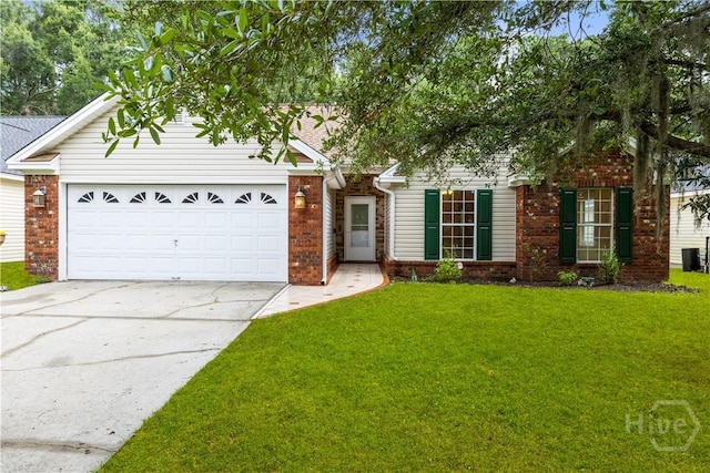 259 Laurel Hill Cir, Richmond Hill, GA 31324 - obstructed view of property with brick siding, a front lawn, driveway, and an attached garage