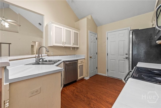 259 Laurel Hill Cir, Richmond Hill, GA 31324 - kitchen with dishwasher, a ceiling fan, dark wood-style floors, light countertops, and white cabinets