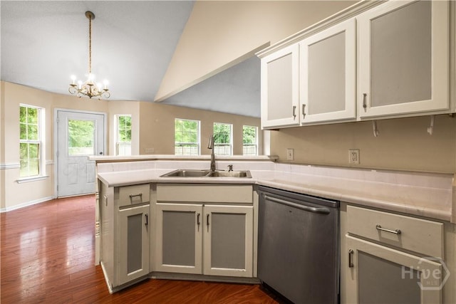 259 Laurel Hill Cir, Richmond Hill, GA 31324 - kitchen featuring dishwasher, a chandelier, light countertops, a peninsula, and dark wood-style flooring