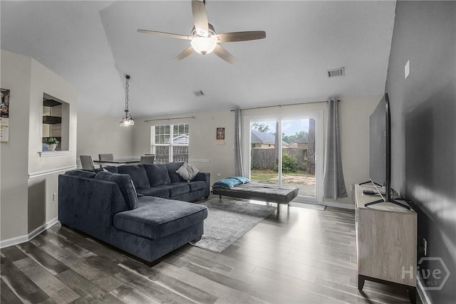 175 Salt Landing Cir, Savannah, GA 31405 - living area featuring dark wood-type flooring, a ceiling fan, and lofted ceiling