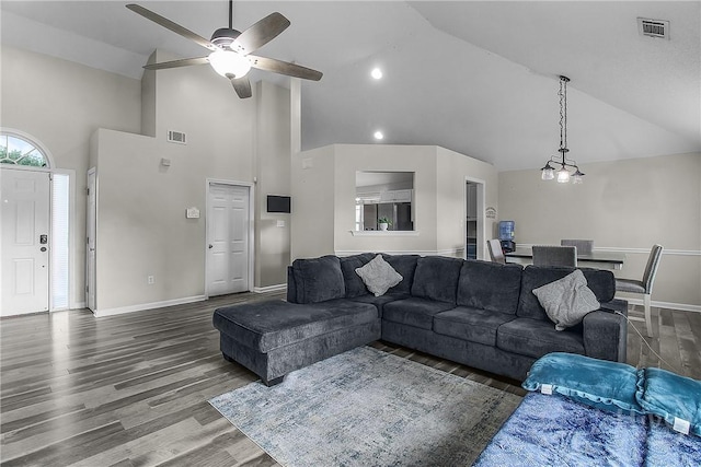 175 Salt Landing Cir, Savannah, GA 31405 - living room with high vaulted ceiling, a ceiling fan, and wood finished floors