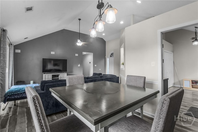 175 Salt Landing Cir, Savannah, GA 31405 - dining room featuring wood finished floors, ceiling fan, and high vaulted ceiling