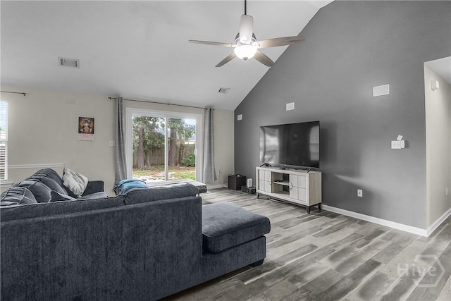 175 Salt Landing Cir, Savannah, GA 31405 - living area with high vaulted ceiling, ceiling fan, healthy amount of natural light, and wood finished floors