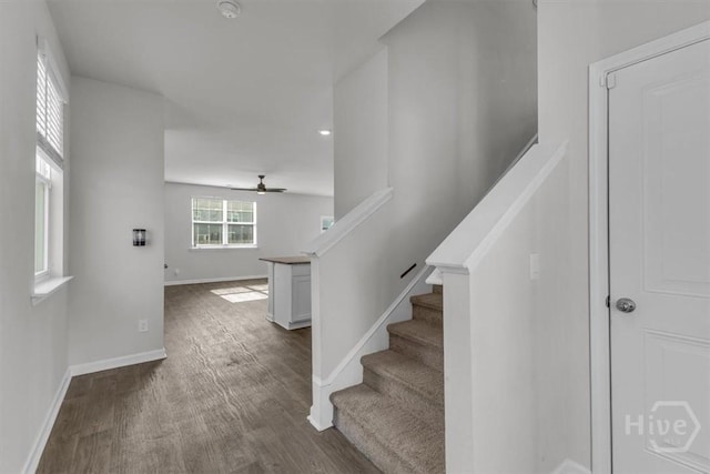 338 Wedge Cir, Richmond Hill, GA 31324 - staircase featuring a ceiling fan, wood finished floors, and recessed lighting