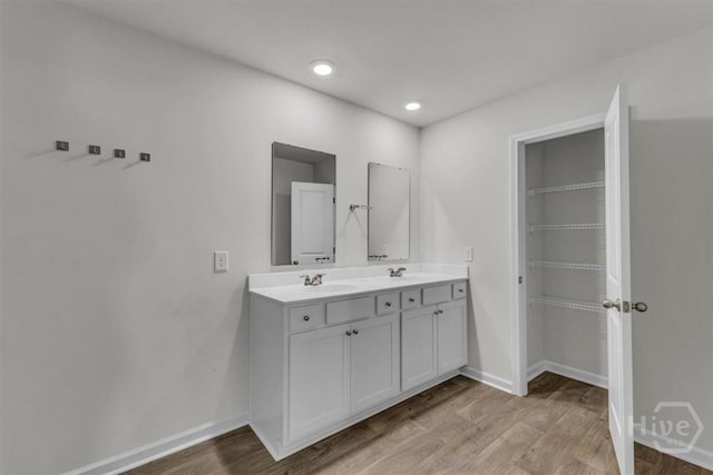 338 Wedge Cir, Richmond Hill, GA 31324 - full bath with double vanity, wood finished floors, a walk in closet, and recessed lighting