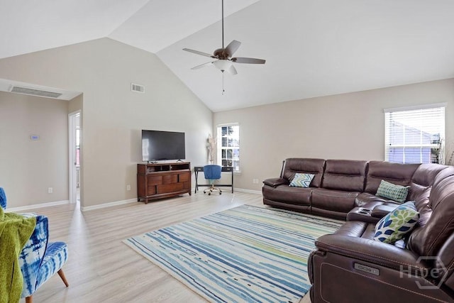 208 Chippingwood Cir, Pooler, GA 31322 - living area featuring light wood-style floors, ceiling fan, and high vaulted ceiling