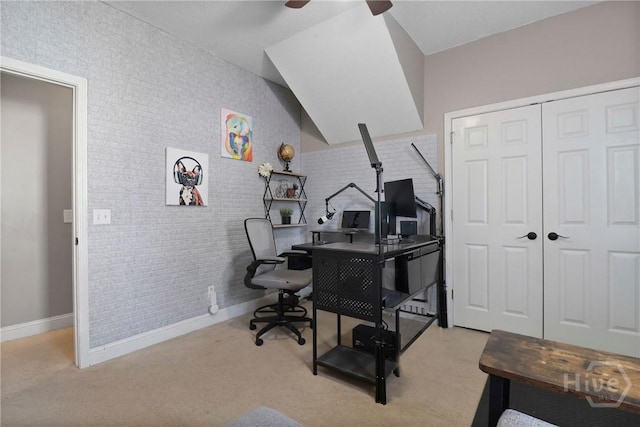 204 Bristol Way, Richmond Hill, GA 31324 - home office featuring ceiling fan, light colored carpet, and brick wall