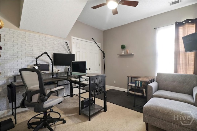 204 Bristol Way, Richmond Hill, GA 31324 - carpeted home office with ceiling fan and brick wall