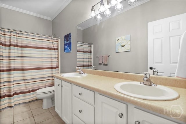 204 Bristol Way, Richmond Hill, GA 31324 - bathroom with tile patterned floors, crown molding, double vanity, and a shower with shower curtain