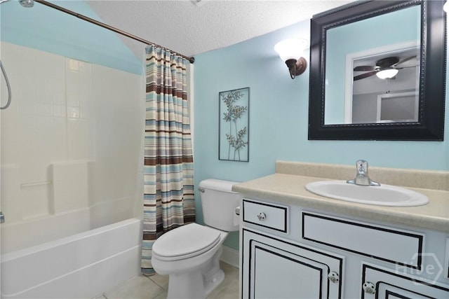204 Bristol Way, Richmond Hill, GA 31324 - full bath featuring vanity, shower / bath combination with curtain, tile patterned flooring, ceiling fan, and a textured ceiling