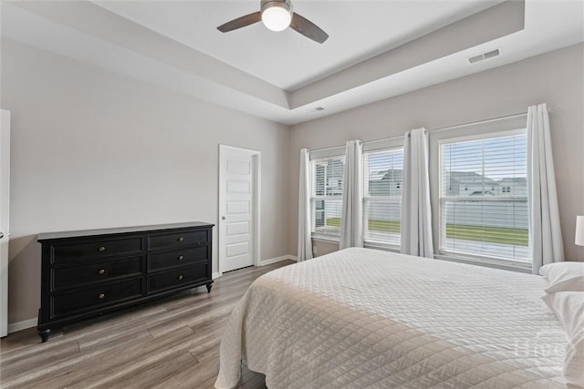 103 Williams Dr, Rincon, GA 31326 - bedroom with light wood finished floors, a raised ceiling, and ceiling fan
