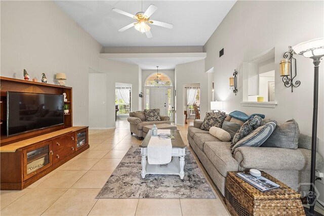 11 Rialto Ct, Pooler, GA 31322 - living area with ceiling fan, light tile patterned flooring, and a towering ceiling