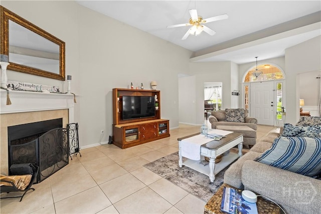 11 Rialto Ct, Pooler, GA 31322 - living room featuring light tile patterned floors, a ceiling fan, and a tile fireplace