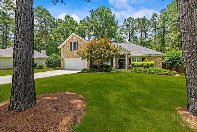 11 Rialto Ct, Pooler, GA 31322 - view of front of home with concrete driveway, brick siding, a front yard, a garage, and roof with shingles