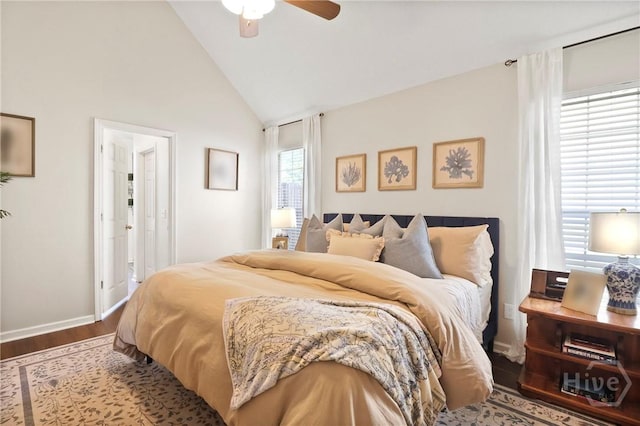 117 Barrington Rd, Pooler, GA 31322 - bedroom featuring wood finished floors, high vaulted ceiling, and a ceiling fan