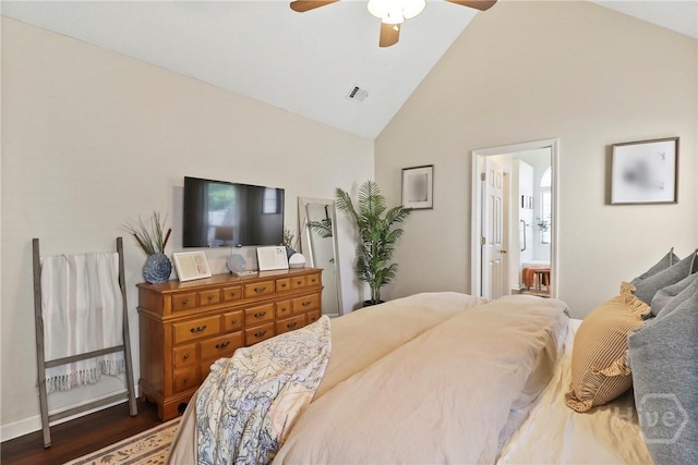 117 Barrington Rd, Pooler, GA 31322 - bedroom featuring high vaulted ceiling, dark wood-type flooring, ensuite bathroom, and a ceiling fan