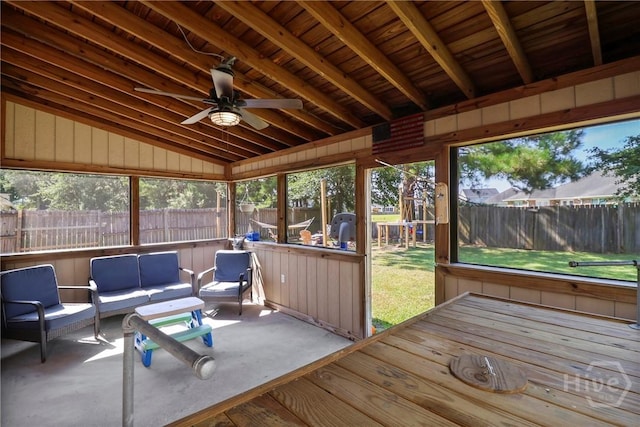 117 Barrington Rd, Pooler, GA 31322 - sunroom featuring vaulted ceiling, a ceiling fan, and an outdoor hangout area