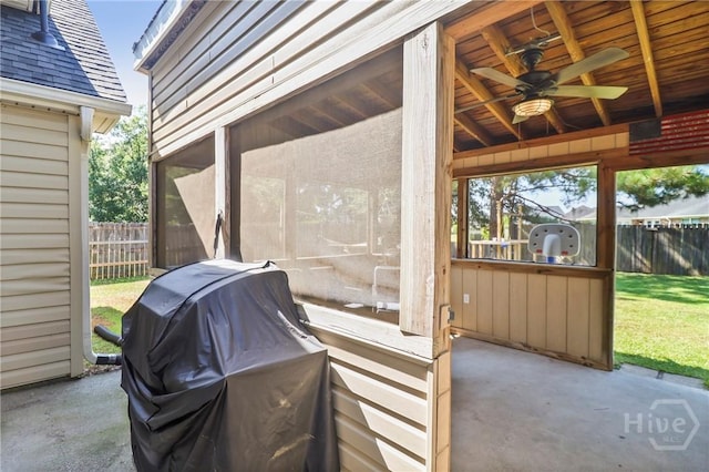 117 Barrington Rd, Pooler, GA 31322 - view of patio featuring a ceiling fan, a sunroom, and area for grilling