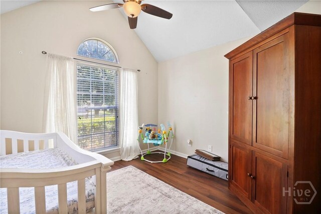 117 Barrington Rd, Pooler, GA 31322 - bedroom featuring dark wood-type flooring, a ceiling fan, and high vaulted ceiling