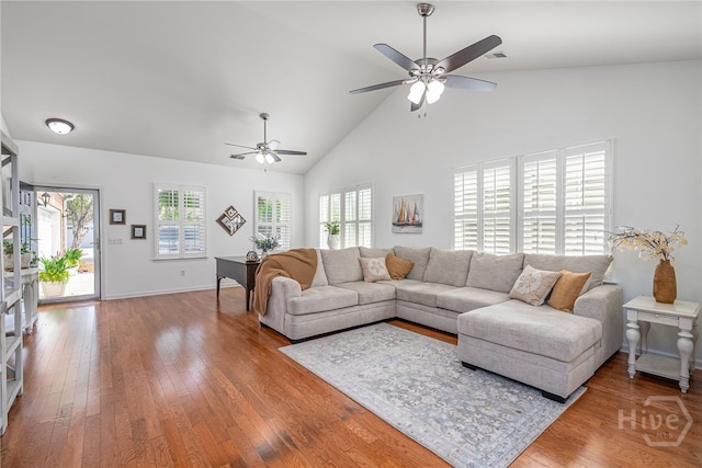 141 Regency Cir, Pooler, GA 31322 - living room with a ceiling fan, high vaulted ceiling, and wood finished floors
