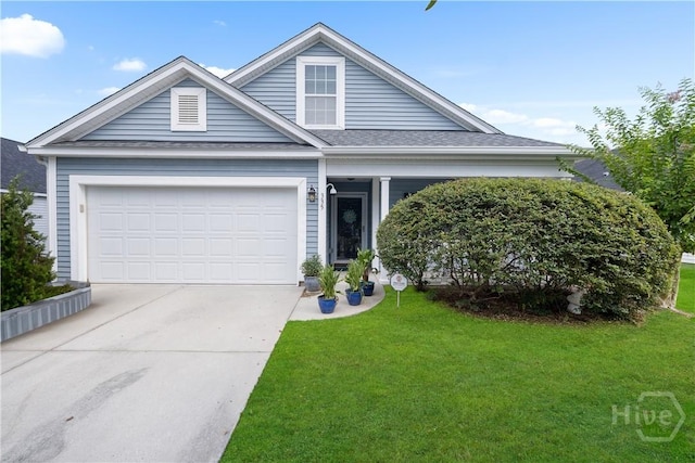 335 Winchester Dr, Pooler, GA 31322 - view of front facade featuring a front lawn, driveway, a shingled roof, a garage, and a porch