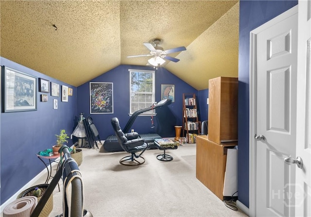 335 Winchester Dr, Pooler, GA 31322 - exercise room featuring ceiling fan, lofted ceiling, a textured ceiling, and carpet floors