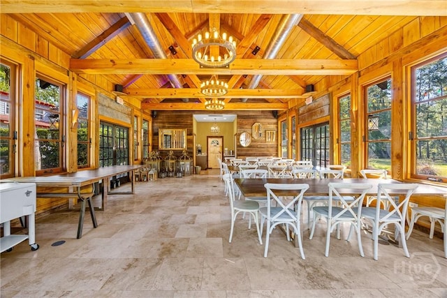 438 Kessler Loop, Guyton, GA 31312 - dining space featuring a chandelier, a wooden ceiling with exposed beams, and wood walls