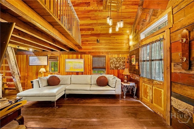 438 Kessler Loop, Guyton, GA 31312 - living area featuring wood walls, wood ceiling, high vaulted ceiling, and hardwood / wood-style flooring