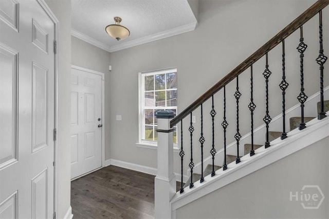 1237 Cypress Fall Cir, Hinesville, GA 31313 - entryway with ornamental molding, dark wood-style flooring, stairway, and a textured ceiling