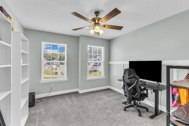 1237 Cypress Fall Cir, Hinesville, GA 31313 - carpeted home office with a ceiling fan and a textured ceiling