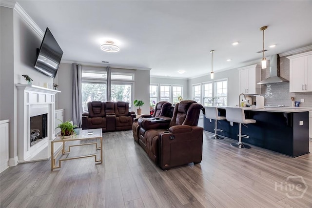 127 Champlain Dr, Pooler, GA 31322 - living room featuring crown molding, light wood-style flooring, recessed lighting, and a fireplace