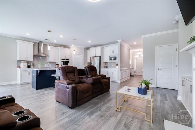 127 Champlain Dr, Pooler, GA 31322 - living room featuring crown molding, light wood finished floors, and recessed lighting