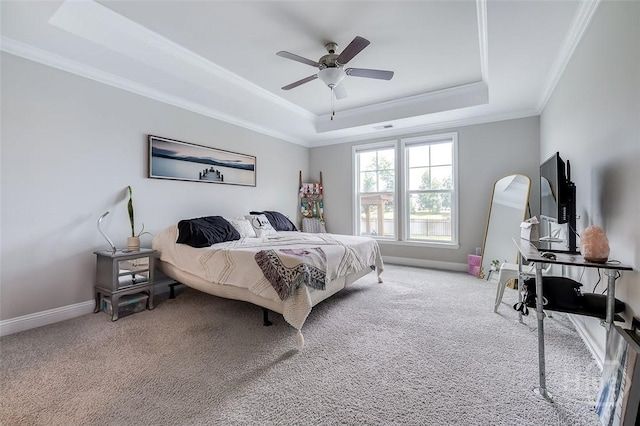 127 Champlain Dr, Pooler, GA 31322 - bedroom featuring a tray ceiling, crown molding, light carpet, and ceiling fan
