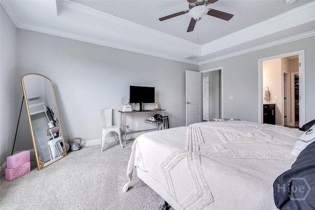 127 Champlain Dr, Pooler, GA 31322 - carpeted bedroom featuring a raised ceiling, crown molding, ceiling fan, and ensuite bath