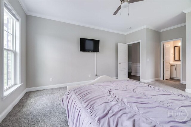 127 Champlain Dr, Pooler, GA 31322 - carpeted bedroom with ornamental molding, ensuite bath, and ceiling fan