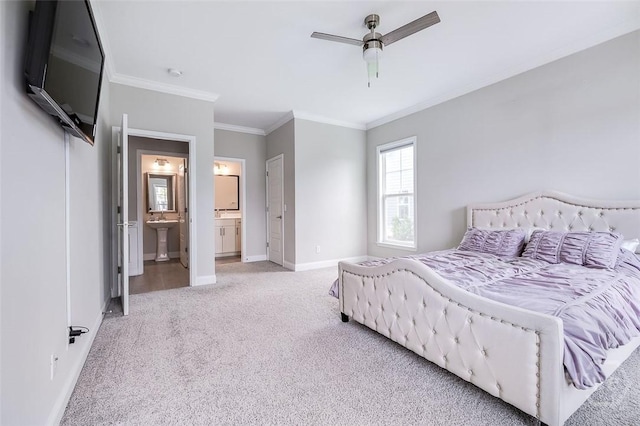 127 Champlain Dr, Pooler, GA 31322 - carpeted bedroom with crown molding, ensuite bathroom, and a ceiling fan