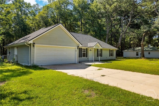 166 Old Sunbury Trl, Midway, GA 31320 - ranch-style home with driveway, a front lawn, an attached garage, and roof with shingles