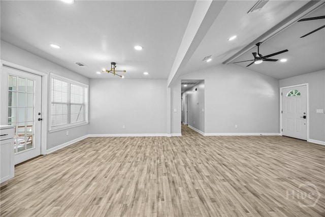 166 Old Sunbury Trl, Midway, GA 31320 - unfurnished living room with light wood-style floors, a chandelier, ceiling fan, and recessed lighting