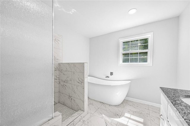 166 Old Sunbury Trl, Midway, GA 31320 - bathroom featuring a shower stall, vanity, a freestanding tub, and marble finish floors