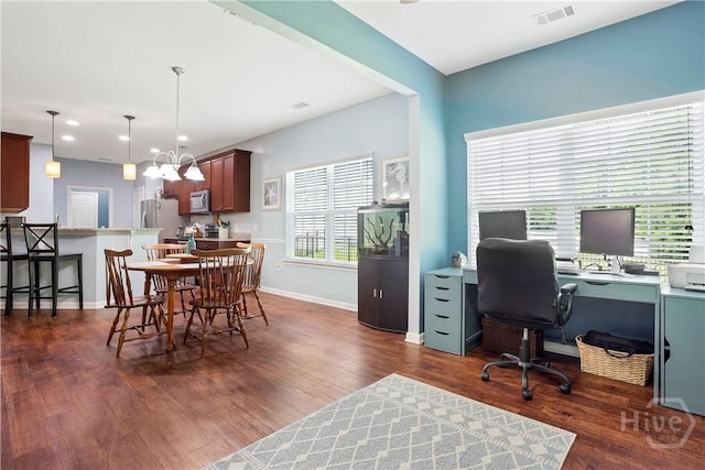 80 Sunbury Ct, Richmond Hill, GA 31324 - office area featuring dark wood finished floors, recessed lighting, and a chandelier