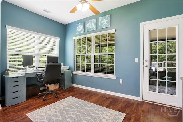 80 Sunbury Ct, Richmond Hill, GA 31324 - office space featuring a ceiling fan, plenty of natural light, and dark wood-type flooring