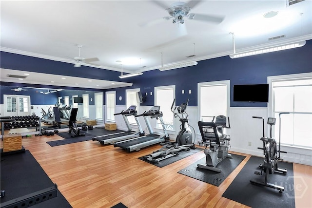 80 Sunbury Ct, Richmond Hill, GA 31324 - gym featuring ceiling fan, crown molding, a wainscoted wall, and wood finished floors